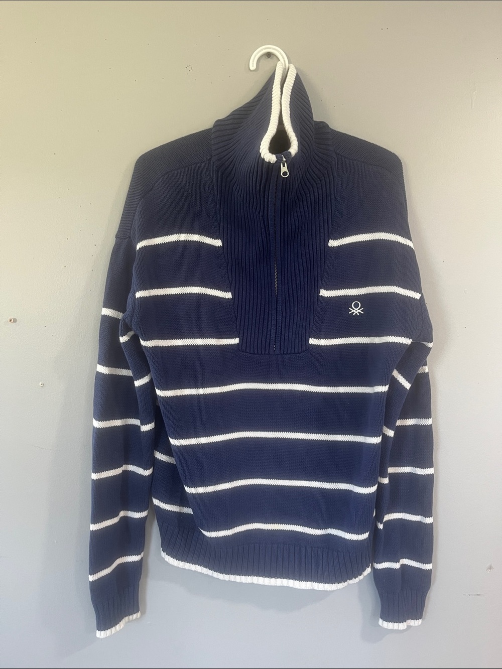 United Colors Of Benetton Navy and White Striped Zip Sweater Large